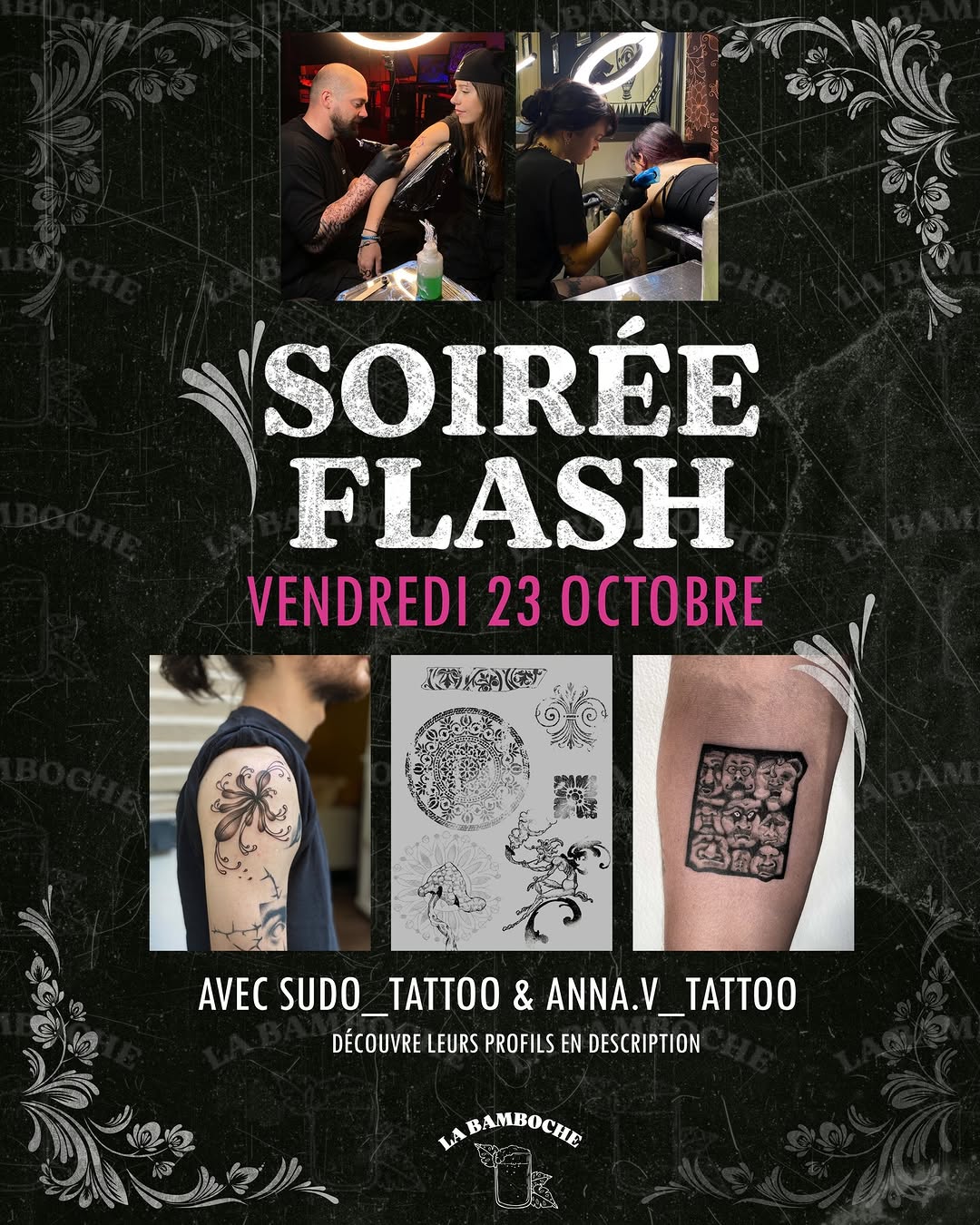 Vendredi 23 octobre c’est soirée flash à la Bamboche avec @sudo_tattoo et @anna.v_tattoo !