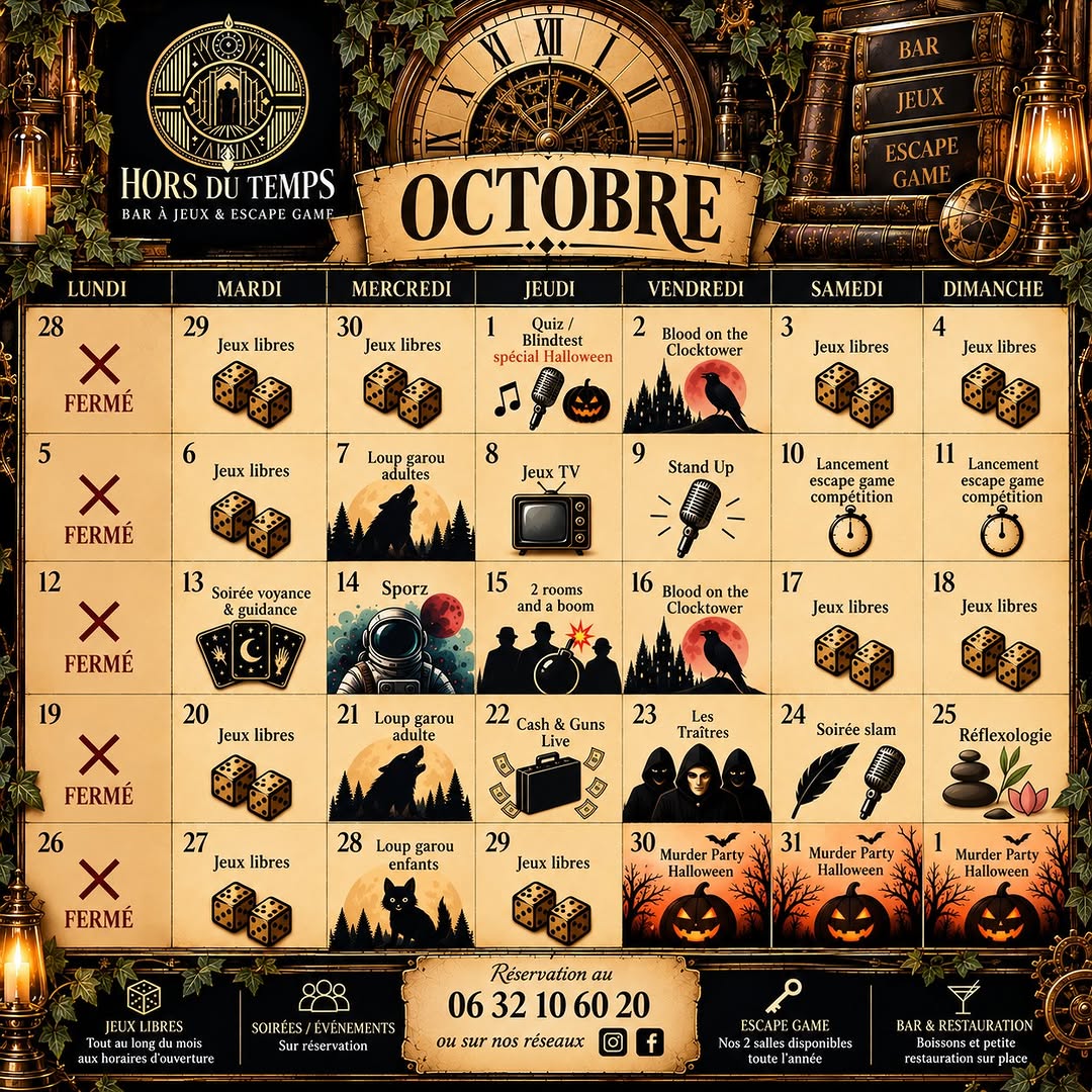 🗓 5 sessions réparties sur les 30 et et le 1er novembre