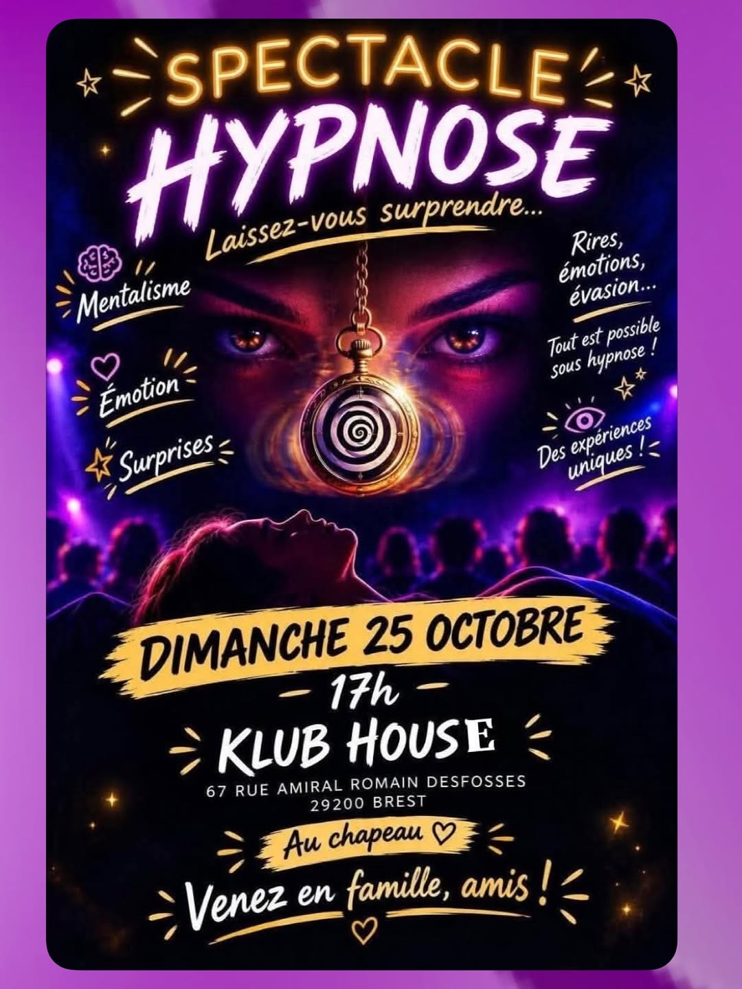 🌀 Spectacle D’hypnose – Dimanche 25 Octobre À 17h 🌀