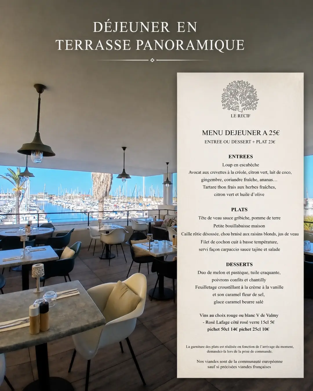 Déjeuner en terrasse panoramique vue sur le port de Saint Cyprien.