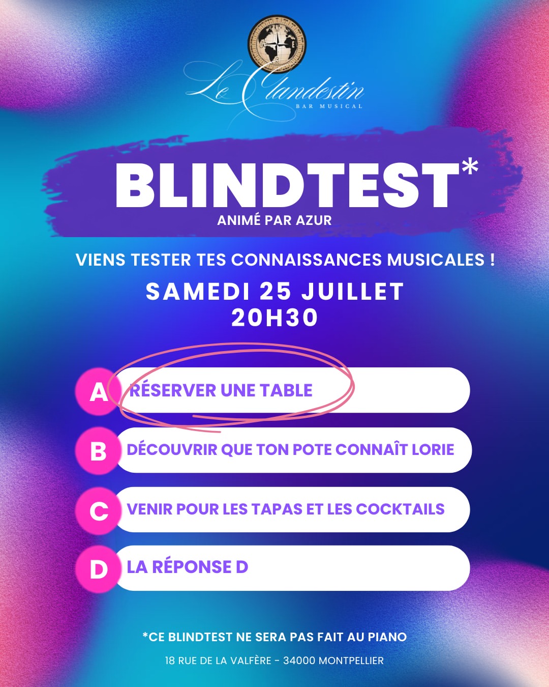 Le samedi 25 juillet, c'est blindtest au Clandestin animé par notre cher @azur__off